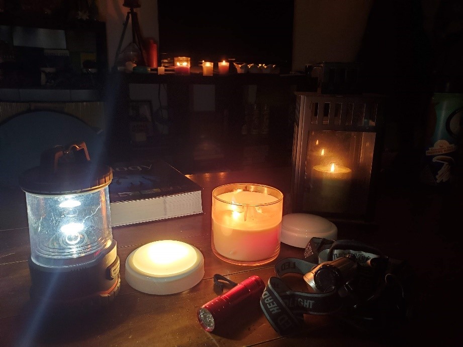 Flashlights, candles, and headlamps are useful during any power outage.