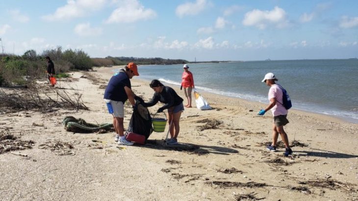 Volunteers collecting trash along Galveston Bay